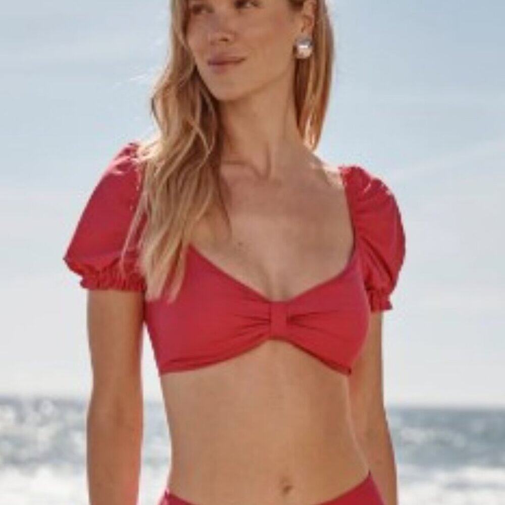 Summersalt Brand NWT Women's size 14 The Puff Sleeve Bikini Top Hibiscus Pink